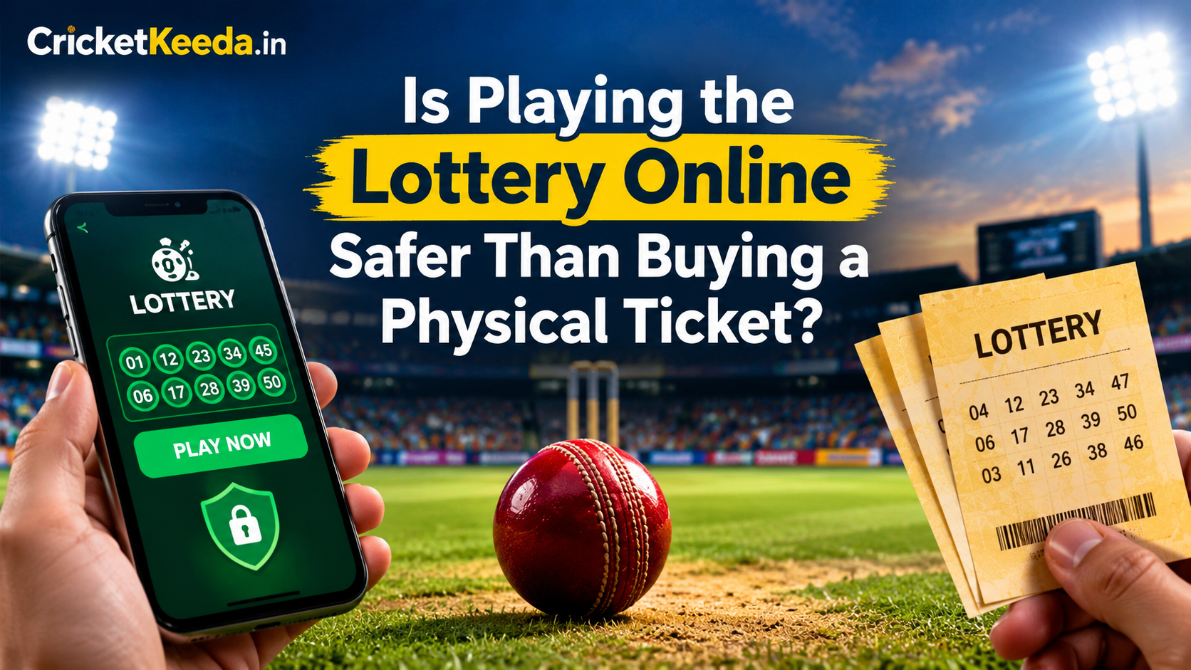 Online vs physical lottery tickets with a cricket ball in a cricket stadium